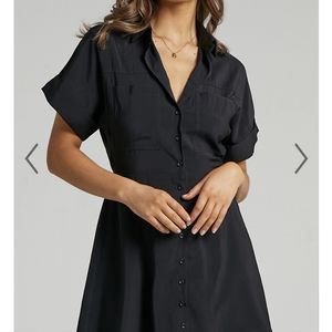 NWOT Showpo 0 Black Button Down Short Sleeve Pocket A-Line Dress